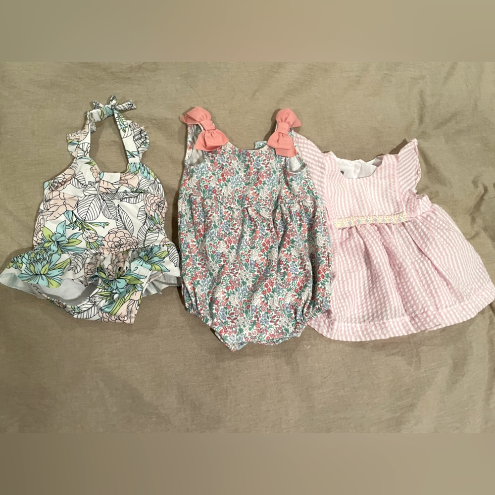 Janie and Jack swimsuit and romper, Gingham dress (off brand), 3-6M